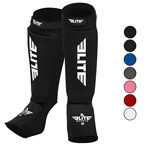 Product Cover Elite Sports Muay Thai MMA Kickboxing shin Guards, Instep Guard Sparring Protective Leg shin Kick Pads for Kids and Adults (S-M)