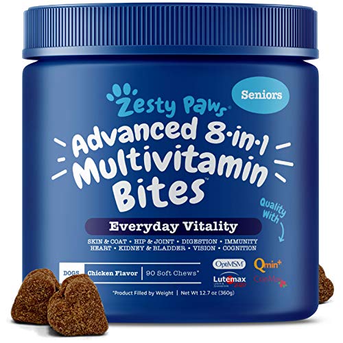 Product Cover Zesty Paws Senior Advanced Multivitamin for Dogs - Glucosamine Chondroitin for Hip & Joint Arthritis Relief - Dog Vitamins & Fish Oil for Skin & Coat - Digestive Enzymes MSM + CoQ10-90 Chew Treats