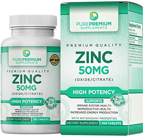 Product Cover Premium Zinc Oxide/Citrate Supplement by PurePremium Supplements [100 Tablets, 50mg] | Supports Immune System & Reproductive Health | Antioxidant Properties & Increased Energy Production