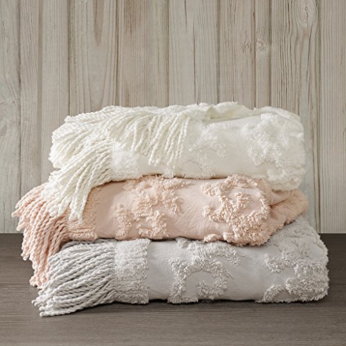 Product Cover Madison Park Chloe 100% Cotton Tufted Chenille Design With Fringe Tassel Luxury Elegant Chic Throw Blanket For Couch, Bed, 50X60 Inches, Blush
