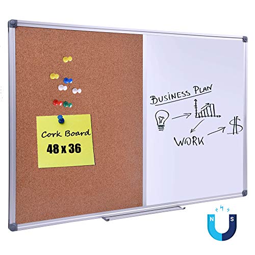 Product Cover 48 x 36 Inch Magnetic Dry Erase/Cork Combo Board, Wall Mounted Whiteboard & Corkboard Combination with Aluminum Frame
