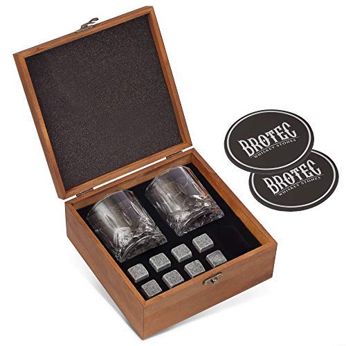 Product Cover Whiskey Stones Gift Set - 8 Granite Chilling Whisky Rocks - 2 Large Crystal Whiskey Drinking Glasses - 2 Coasters in Handmade Wooden Box ã â' â€ Premium bar Accessories for The Best Tasting Beverages