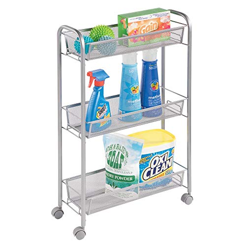 Product Cover mDesign Portable Rolling Laundry Utility Cart Organizer Trolley with Easy-Glide Wheels and 3 Multipurpose Heavy-Duty Metal Mesh Basket Shelves - Narrow Shelf - Durable Steel Frame - Silver