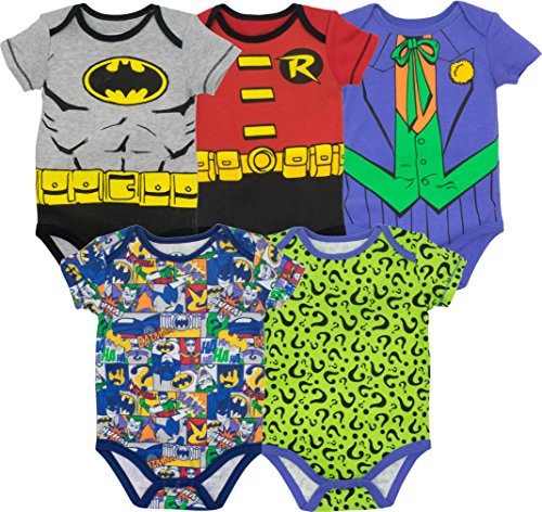 Product Cover DC Comics Baby Boys' 5 Pack Onesies - Batman, Robin, Joker and Riddler (3-6 Months)