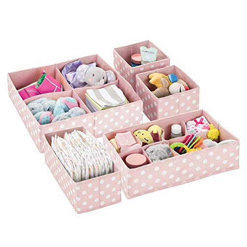 Product Cover mDesign Soft Fabric Dresser Drawer and Closet Storage Organizer Set for Child/Kids Room, Nursery, Playroom - 5 Pieces, 15 Compartments - Fun Polka Dot Print - Pink/White
