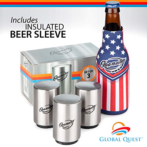 Product Cover 3 Pack Push Down Beer Bottle Opener with Cap Catcher -Includes Insulated Beer Sleeve, Stainless Steel Magnetic Pop Off Silver Beer Opener, Sharp Looking, Easy To Use, Automatic Beer Bottle Opener