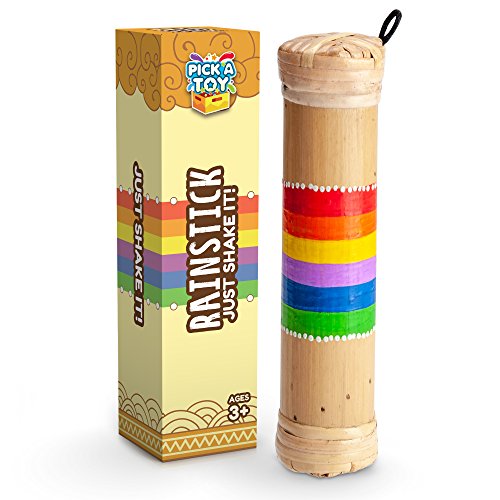 Product Cover Pick A Toy Bamboo Rainstick Rain Shaker Sensory Toy Musical Instrument for Kids and Adults, Lightweight and Easy to Use Music Game, Rainbow Colored Rain Maker - with Gift Box