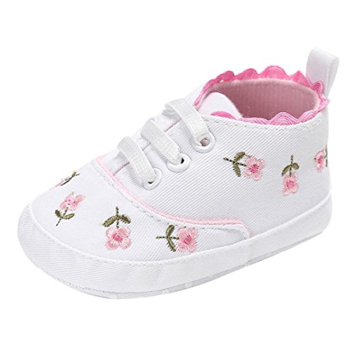 Product Cover LNGRY Newborn Baby Girls Floral Crib Shoes Soft Sole Anti-Slip Canvas Sneakers (White, 6-12 Months)