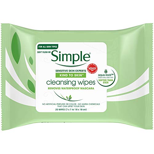 Product Cover Simple Sensitive Skin Experts Kind To Skin Cleansing Facial Wipes, Waterproof Mascara Remover, Even Softer, 25 Count, (4 Pack)