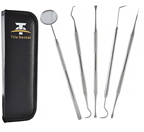 Product Cover Dental Hygiene Kit Best for Personal Use Deep Tooth Cleaning - Calculus Plaque Remover Set - Scaler Instrument, Tartar Scraper, Tooth Pick, Mouth Mirror - Premium Stainless Steel 5pc Tools Dental kit