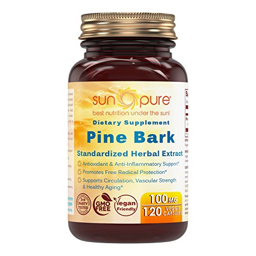 Product Cover Sun Pure Premium Quality Pine Bark Extract 100 Mg Veggie Capsules Glass Bottle 120 Count Per Bottle - Free Radical Protection - Antioxidant & Anti-Inflammatory Properties - Supports Healthy Aging