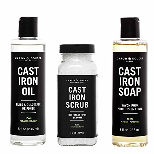 Product Cover Caron & Doucet - Ultimate Cast Iron Set: Seasoning Oil, Cleaning Soap & Restoring Scrub | 100% Plant-Based & Best for Cleaning Care, Washing, Restoring & Seasoning Cast Iron Skillets, Pans & Grills!