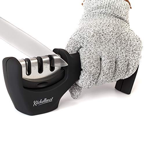 Product Cover Kitchen Knife Sharpener - 3-Stage Knife Sharpening Tool Helps Repair, Restore and Polish Blades - Cut-Resistant Glove Included