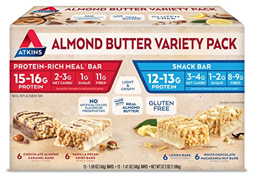 Product Cover Atkins Almond Butter Meal and Snack Bar Variety Pack. Gluten-Free, Light and Crispy Protein & Fiber Bars Made with Real Almond Butter (4 Flavors, 24 Bars)