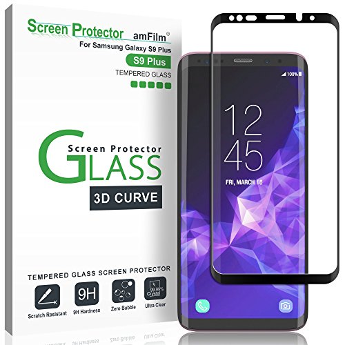 Product Cover amFilm Glass Screen Protector for Samsung Galaxy S9 Plus, 3D Curved Tempered Glass, Dot Matrix with Easy Installation Tray, Case Friendly (Black)