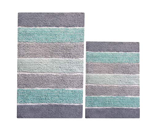 Product Cover Chardin home - 100% Pure Cotton - 2 Piece Cordural Stripe Bath Rug Set, (21''x34'' & 17''x24'') Mint Green with Latex Spray Non-Skid Backing
