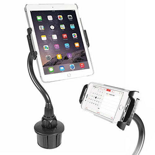 Product Cover Macally 2-in-1 Tablet & Smartphone Car Cup Holder Mount with Flexible Neck for Apple iPad Pro 10.5, Air, Mini, Samsung Galaxy Tab, iPhone Xs XS Max XR X 8 8 Plus & Any Device up to 8