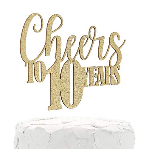 Product Cover NANASUKO 10th Anniversary Cake Topper - Cheers to 10 Years - Double Sided Gold Glitter, Premium Quality Made in USA