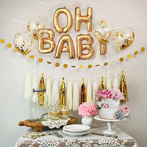 Product Cover Baby Shower Decorations Gold & White OH Baby Foil Balloons, Confetti Balloons, Dot Garland & Tissue Tassel Garland [Gender Reveal, Baby Announcement, Maternity Pics, Birthday Party]