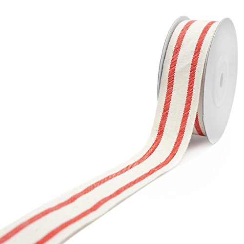 Product Cover Natural Cotton Stripes Ribbon 1 inch (26mm) x 10 Yard.Decorative for DIY Crafts and Gift Wrapping - Ivory/Red