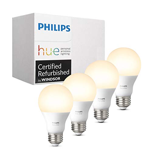 Product Cover Philips Hue White A19 4-Pack 60W Equivalent Dimmable LED Smart Bulb (Compatible with Amazon Alexa  Apple HomeKit and Google Assistant) (Renewed)