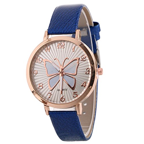 Product Cover Women's Butterfly Watches Creative Pattern Quartz Watch Leather Strap Belt Table Watch (Blue)