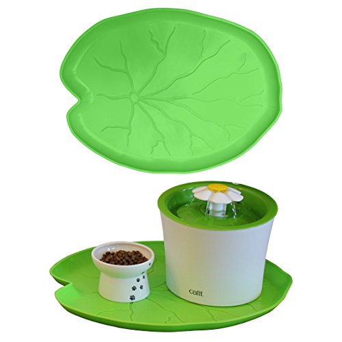 Product Cover Premium Pet Food Tray - Dog and Cat Food Mat with Green Leaf Design - Best for Catit and Drinkwell Fountains