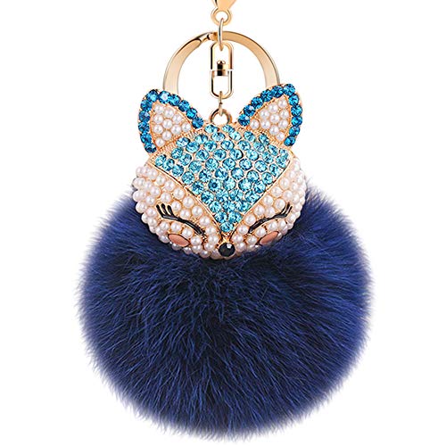 Product Cover Boseen Real Rabbit Fur Ball with Artificial Fox Head Inlay Pearl Rhinestone Key Chain for Womens Bag or Cellphone or Car Pendant (Navy Blue)