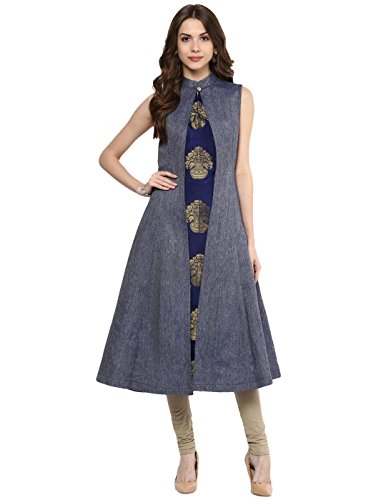 Product Cover Aahwan Indian Tunic Top Kurti for Women Blue Denim and Taffteta Silk A-line Long Dress