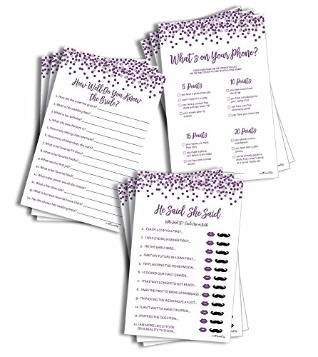 Product Cover Large Purple Confetti Bridal Shower Game Pack (150-sheets) - 50 He Said She Said, 50 What's On Your Phone, 50 How Well Do You Know The Bride (Large Sheet Size)