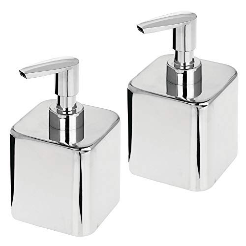 Product Cover mDesign Small Modern Square Metal Refillable Liquid Hand Soap Dispenser Pump Bottle for Kitchen, Bathroom, Powder Room - Holds Hand Soap, Dish Soap, Hand Sanitizer & Essential Oils - 2 Pack - Chrome