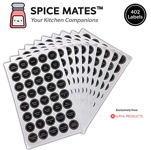 Product Cover Spice Labels - 402 Spice Labels - Waterproof and Tearproof Vinyl Material - Pre-Printed Spice & Jar Stickers for Jar Labelling and Pantry Organization - Black & White - by Alpha Kitchenware