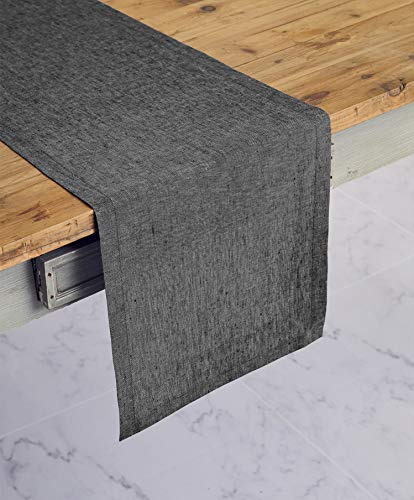 Product Cover Solino Home 100% Pure Linen Table Runner - 14 x 60 Inch Athena, Handcrafted from European Flax, Natural Fabric Runner - Charcoal Grey