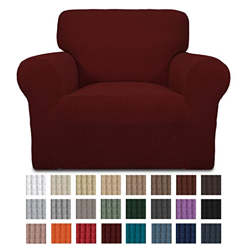 Product Cover Easy-Going Stretch Chair Sofa Slipcover 1-Piece Couch Sofa Cover Furniture Protector Soft with Elastic Bottom for Kids. Spandex Jacquard Fabric Small Checks(Chair,Wine)