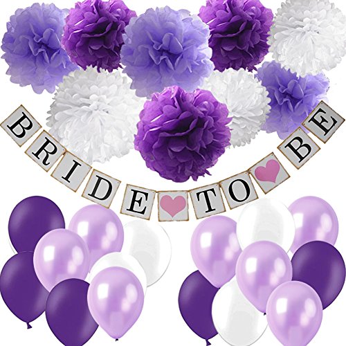 Product Cover Purple Bridal Shower Decorations Set- Bride To Be Banner White Lavender Purple Big Size Tissue Paper Flower Pom Poms Latex Balloons for Lavender Purple Wedding Party Decor/Bachelorette Party