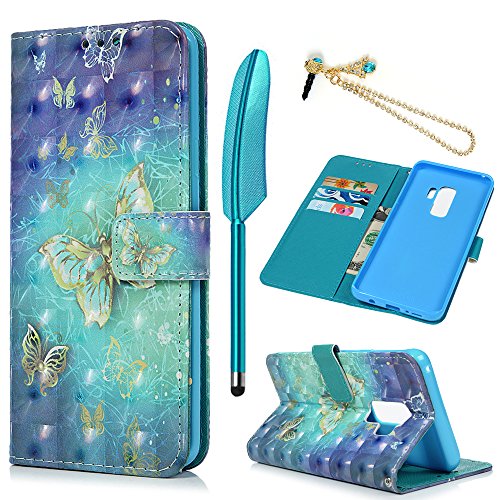 Product Cover MOLLYCOOCLE Galaxy S9 Case(Not Plus), 3D Relief Pattern Wallet Case PU Leather Soft TPU Inner Bumper Ultra Slim Fit Protective Cover for Samsung Galaxy S9, Blue Butterfly