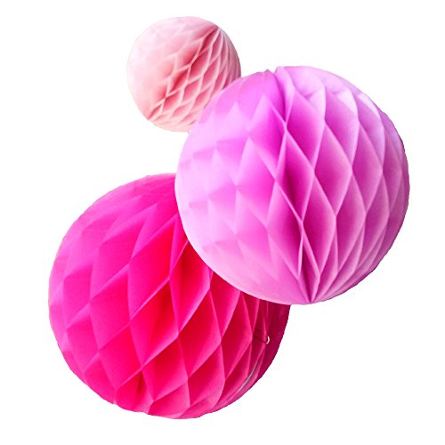 Product Cover Daily Mall 15Pcs 3 inch 6 inch 8 inch Paper Honeycomb Balls Party Pom Poms Paper Balls Partners Design Art Craft Hanging Pom-Pom Ball Party Wedding Birthday Nursery Decor (Pink Set)