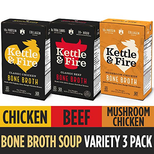 Product Cover Bone Broth Variety Pack, Mushroom Chicken, Beef, and Chicken by Kettle and Fire, Keto Diet, Paleo Friendly, Whole 30 Approved, Gluten Free, with Collagen, 10g of Protein (Pack of 3)
