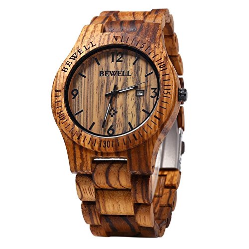 Product Cover Bewell W086B Mens Wooden Watch Analog Quartz Lightweight Handmade Wood Wrist Watch