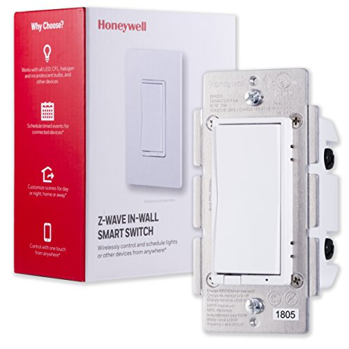 Product Cover Honeywell Z-Wave Plus Wireless Smart Lighting Control Smart Switch, On/Off, In-Wall, Paddle Style, Includes White & Light Almond Paddles, Compatible with Alexa (Hub Required), 39348