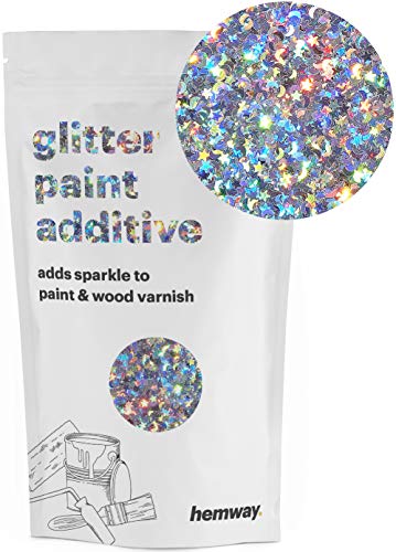 Product Cover Hemway | Glitter Paint Additive 110g / 3.5oz Acrylic Latex Emulsion Water Based Paints Interior/Exterior Wall, Ceiling, Wood, Metal, Varnish, Dead Flat, Matte (Silver Holographic Stars and Moons)