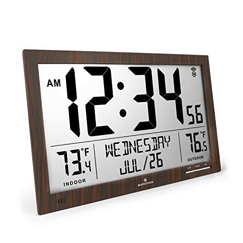 Product Cover Marathon Slim Atomic Full Calendar Clock with Indoor/Outdoor Temperature. Extra Long 4.5 Inch Digits. Comes with External Probe for Refrigerators - CL030066WD (Wood Grain Finish)
