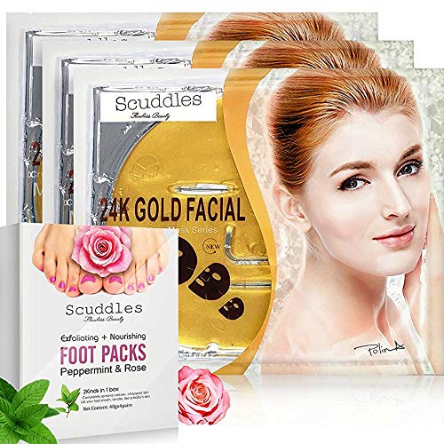 Product Cover Exfoliating Nourishing Foot Mask - Foot Peel Mask Includes 4 Pairs Of Scented Peppermint & Rose Foot Gloves Peels off Callus - Dead Skin BONUS 3 Pack Of 24K Gold Collagen Gel Masks Sheets