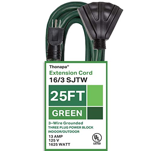 Product Cover Thonapa 25 Ft Outdoor Extension Cord with 3 Electrical Power Outlets - 16/3 SJTW Durable Green Cable - Great for Garden and Major Appliances
