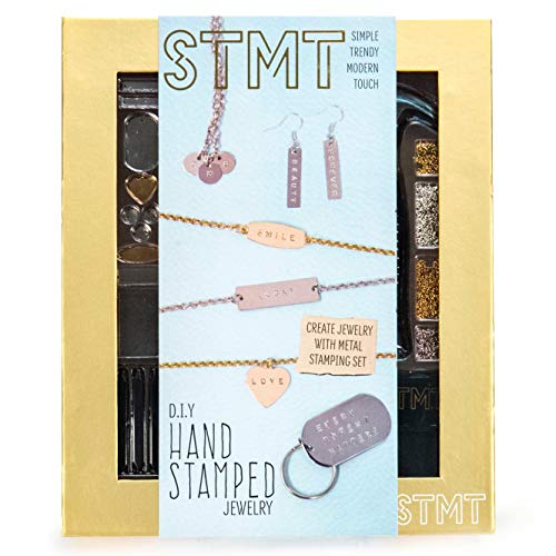 Product Cover STMT DIY Hand Stamped Jewelry by Horizon Group Usa, Create Personalized Vsco Girl Earrings, Bracelets & Necklaces with A Metal Letter Stamp Set, Hammer, Stamping Block, Charms & Earrings Included