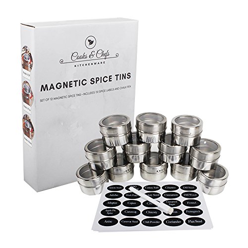 Product Cover Cooks and Chefs 12 Magnetic Spice Tins 150 Spice Labels including 96 Blank Labels and Chalk Pen for customization Storage Spice Rack Set of 12 Clear Top Lid w/Sift and Pour- Good for Office Supplies
