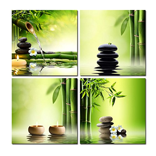 Product Cover Pyradecor 4 Panel Perfect Bamboo Green Pictures Paintings on Canvas Prints Wall Art Large Modern Gallery Wrapped Zen Giclee Artwork for Living Room Bedroom Home Office Decorations