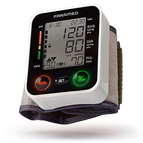 Product Cover Automatic Wrist Blood Pressure Monitor by Paramed:Blood-Pressure Kit of Bp Cuff + 2AAA and Carrying case - Irregular Heartbeat Detector & 90 Readings Memory Function & Large LCD Display - FDA approved