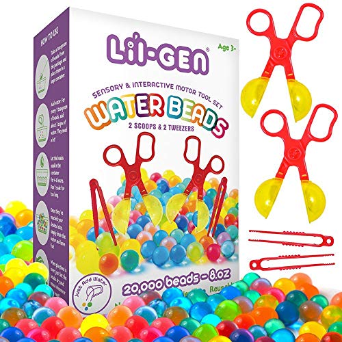 Product Cover Li'l Gen Water Beads with Fine Motor Skills Toy Set, Non-Toxic Water Sensory Toy for Kids - 20,000 Beads with 2 Scoops and Tweezers for Early Skill Development