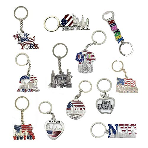 Product Cover 12 Pack New York NYC Metal Keychain Ring Bundle Souvenir Collection, Gift Set - Includes Empire State, Freedom Tower, Statue Of Liberty, USA Flag, And More